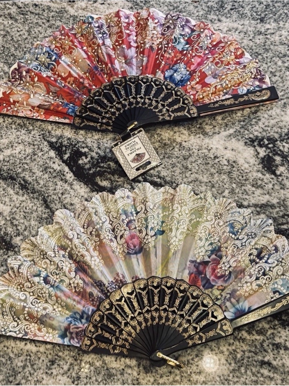 Pair of Spanish Style Folding Hand Fans Floral Gold Lace Accent NWT & NWOT 17”